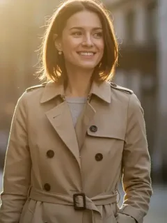 Woman confidently walking in a classic trench coat, symbolizing optimized style budget and high-quality fashion.