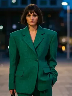 Woman confidently wearing an oversized sculptural blazer, a top trend for 2025 statement pieces.