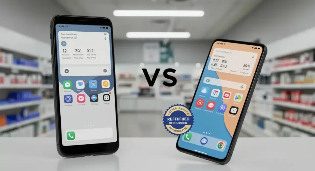Refurbished vs new smartphone comparison with data overlay