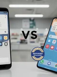 Refurbished vs new smartphone comparison with data overlay