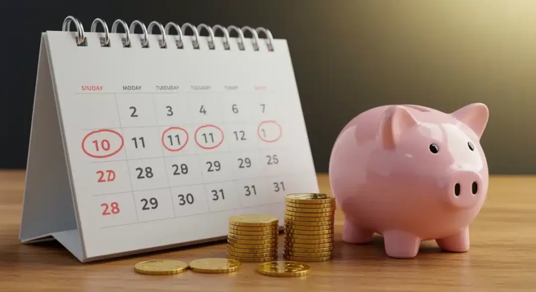 Calendar and piggy bank, representing financial planning and important dates for 2025 Social Security adjustments.
