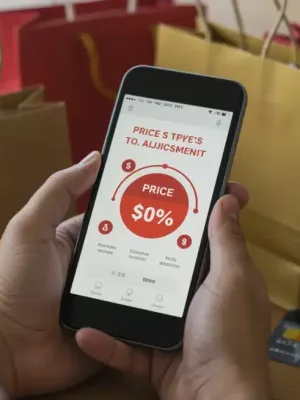 Savvy shopper analyzing price drops on a smartphone after a purchase, aiming for a refund.