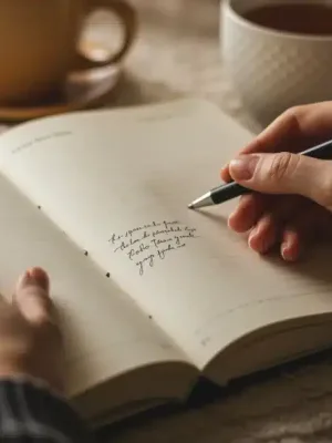 Person writing in a journal with a pen, surrounded by warm light, symbolizing clarity and reflection.