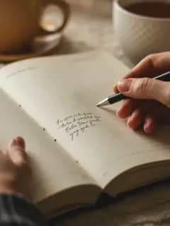 Person writing in a journal with a pen, surrounded by warm light, symbolizing clarity and reflection.