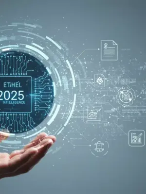 Stylized AI brain with policy documents and ethical symbols for 2025 federal guidelines