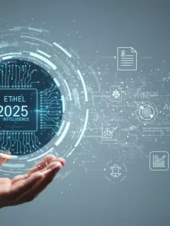 Stylized AI brain with policy documents and ethical symbols for 2025 federal guidelines