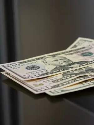 Fifty dollar bills resting on a new stainless steel appliance, symbolizing appliance rebate savings.
