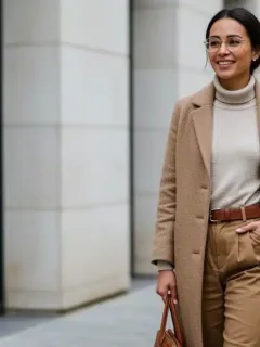 Woman wearing chic sustainable clothing, walking confidently