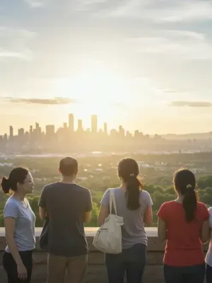 Diverse group of US residents embracing a new dawn, symbolizing change