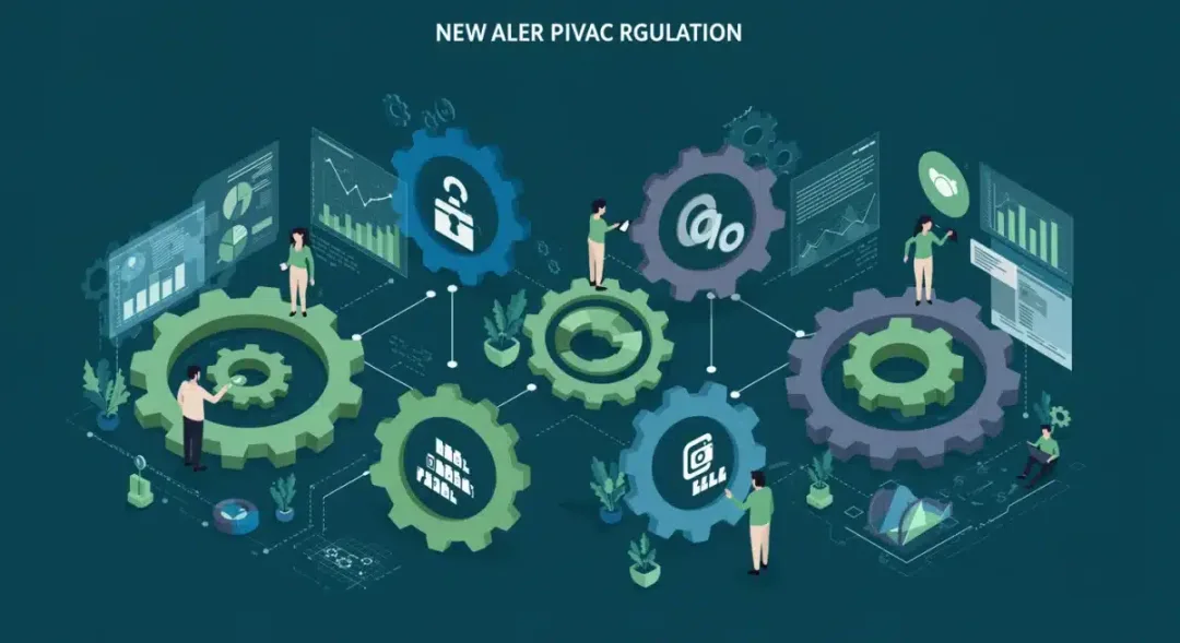 Infographic depicting four new digital privacy regulations as interconnected gears, symbolizing their impact on user data.