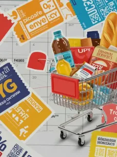 Illustration of diverse coupons and digital offers, representing the concept of coupon stacking for significant savings in 2025.