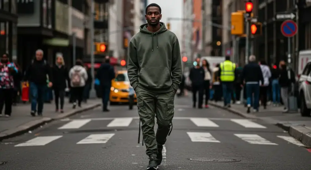 Man in sustainable urban wear: organic hoodie, recycled cargo pants, minimalist sneakers.