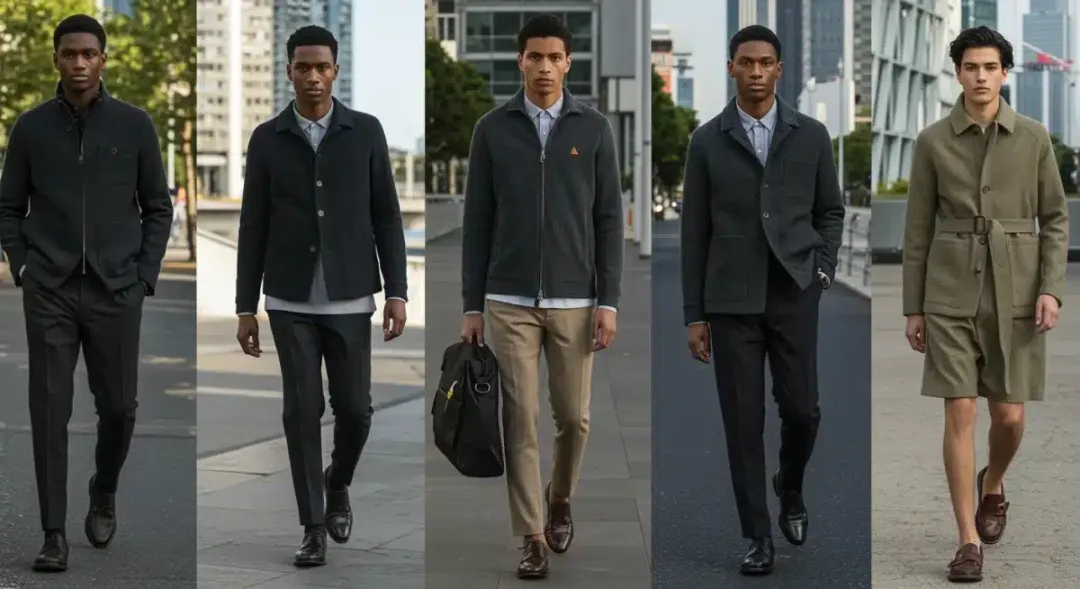 Diverse men modeling 2025 fashion trends: urban, heritage, tech, minimalist, artisanal, gender-fluid.