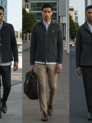 Diverse men modeling 2025 fashion trends: urban, heritage, tech, minimalist, artisanal, gender-fluid.
