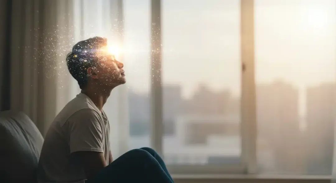 Person visualizing future goals with serene expression, light around their head.