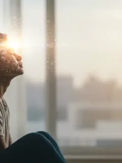 Person visualizing future goals with serene expression, light around their head.