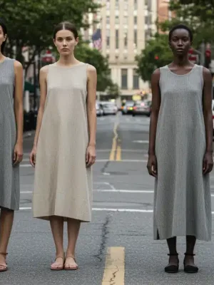 Models in diverse sustainable fashion, urban eco-chic style, US