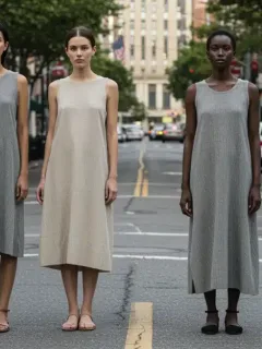 Models in diverse sustainable fashion, urban eco-chic style, US