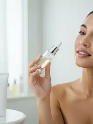 Woman with radiant skin applying advanced skincare serum