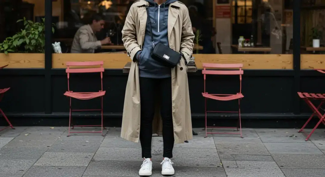 Layered athleisure outfit with a hoodie and trench coat for transitional weather.