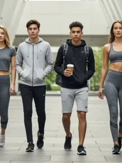 Stylish individuals in 2026 athleisure wear walking in a modern city.