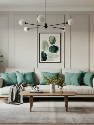 Modern living room with neutral tones, natural light, and sustainable furniture, embodying timeless elegance for home decor.