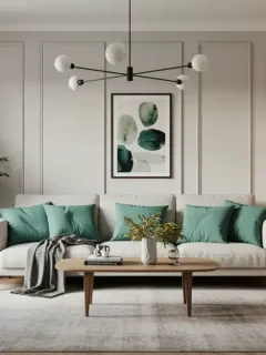 Modern living room with neutral tones, natural light, and sustainable furniture, embodying timeless elegance for home decor.