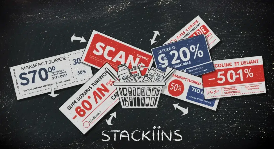 Illustration of various coupons stacked together for grocery discounts.