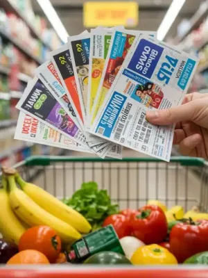 Hands stacking coupons over a grocery cart in a supermarket for maximum savings.