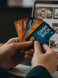Person comparing credit cards for maximizing cash back on online purchases