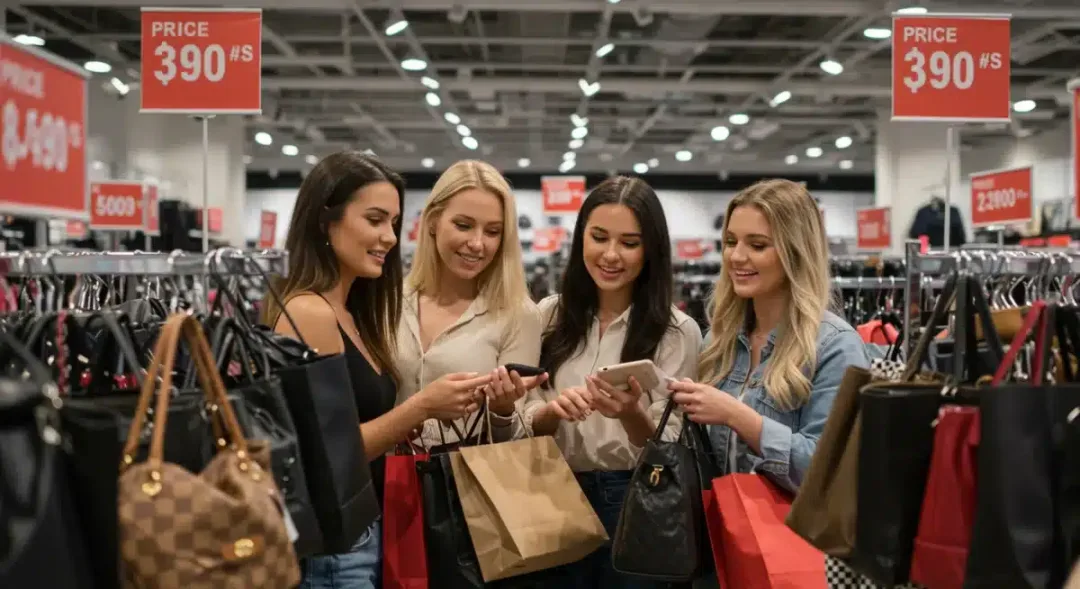 Friends shopping for designer items at a factory outlet, excited about deals.