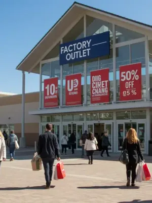 Shoppers entering a bustling factory outlet, highlighting savings on brand names.