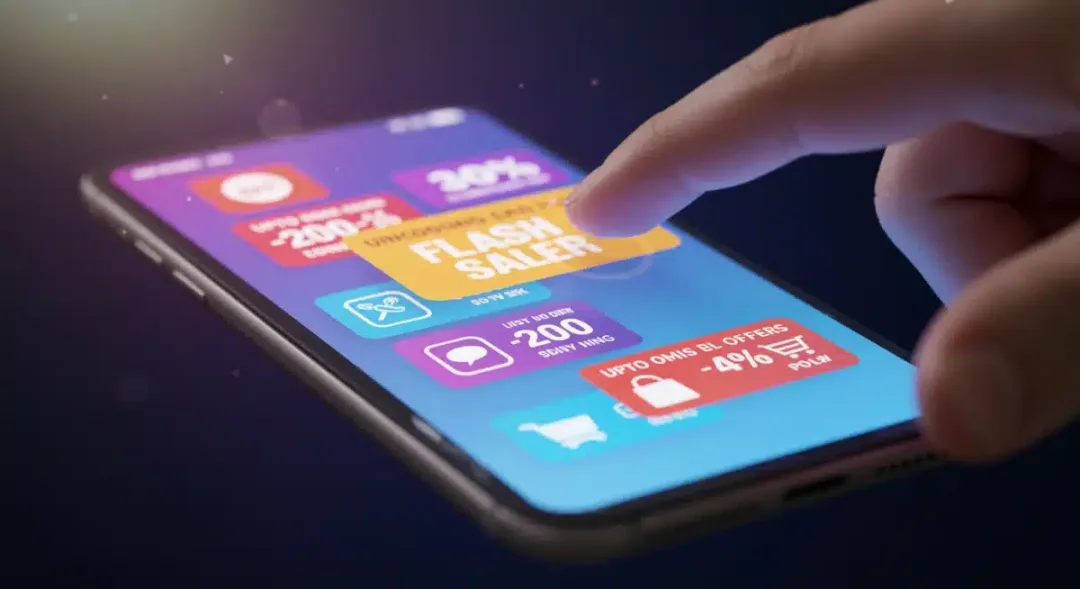 Smartphone with multiple flash sale notifications, ready to tap and secure deals