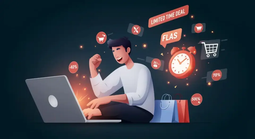 Person shopping online during a flash sale with a countdown timer