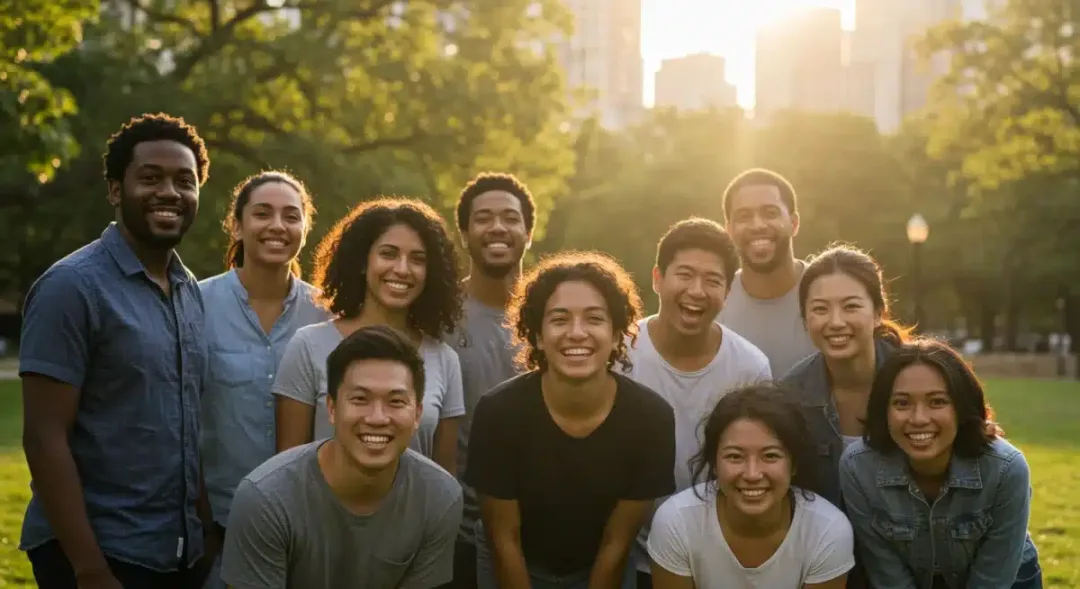 Diverse individuals finding daily joy in a vibrant US park