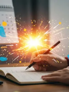 Person experiencing a burst of creativity in 2026, sketching in a notebook with vibrant colors.