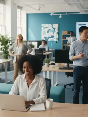 Energized US workers collaborating in a modern office environment, feeling inspired.