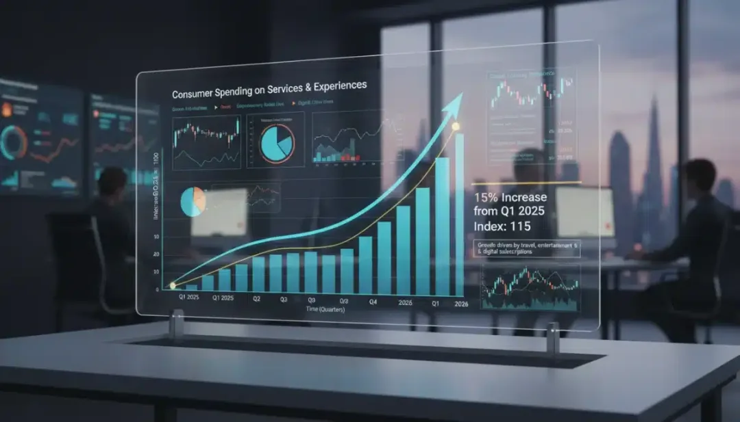 Graph showing 15% spike in experience spending Q1 2026.