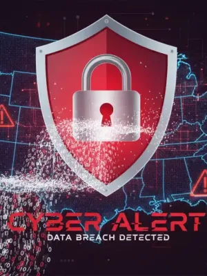 Cybersecurity Alert: Digital shield with padlock over binary code, symbolizing data breaches and security threats.