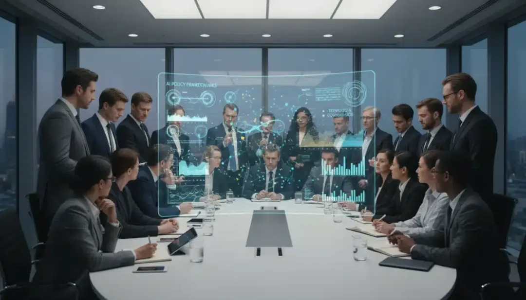 Professionals discussing implications of new US AI government proposals in a boardroom setting.