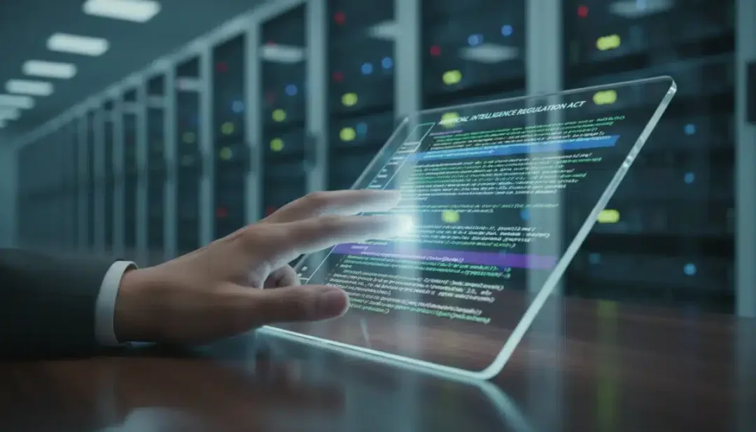 Hand interacting with a tablet showing legal text and code, symbolizing AI compliance and technical challenges.