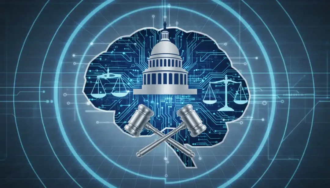 Conceptual image of US government proposals for AI regulation in 2026, showing AI brain and legal symbols.