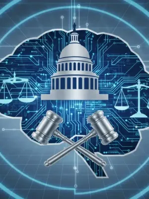 Conceptual image of US government proposals for AI regulation in 2026, showing AI brain and legal symbols.