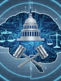 Conceptual image of US government proposals for AI regulation in 2026, showing AI brain and legal symbols.