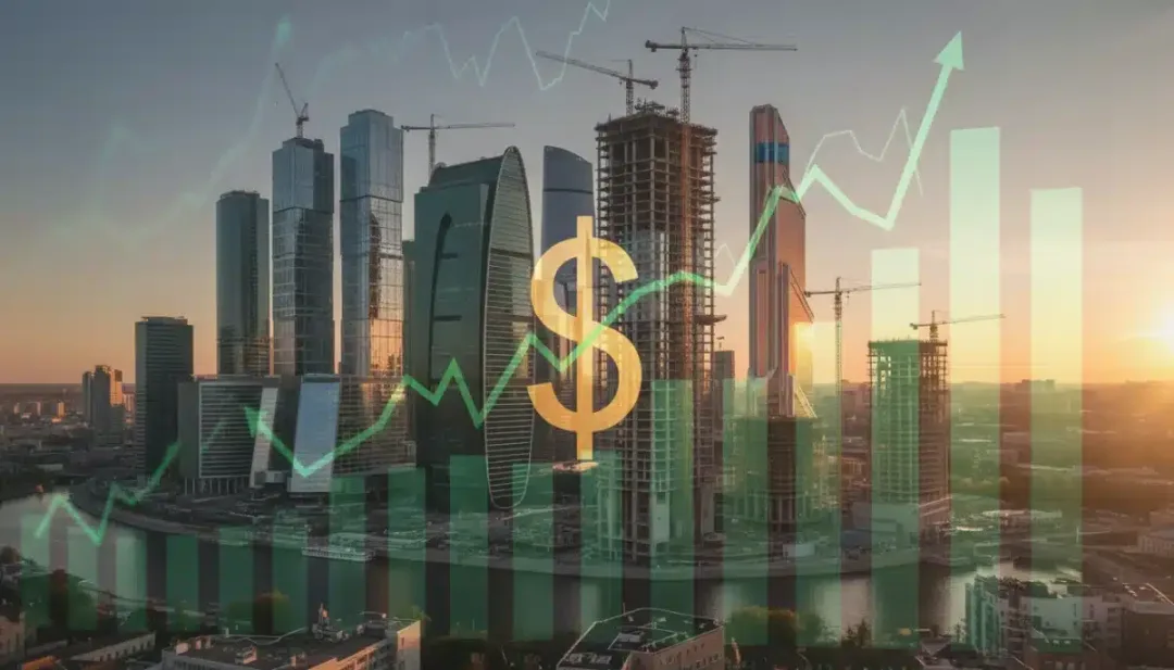 Cityscape with construction and rising real estate prices, symbolizing sector volatility.