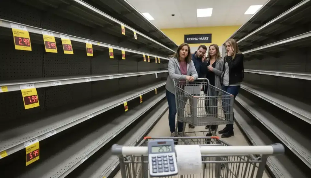 Empty grocery shelves and rising food prices, illustrating inflation's impact on consumers.