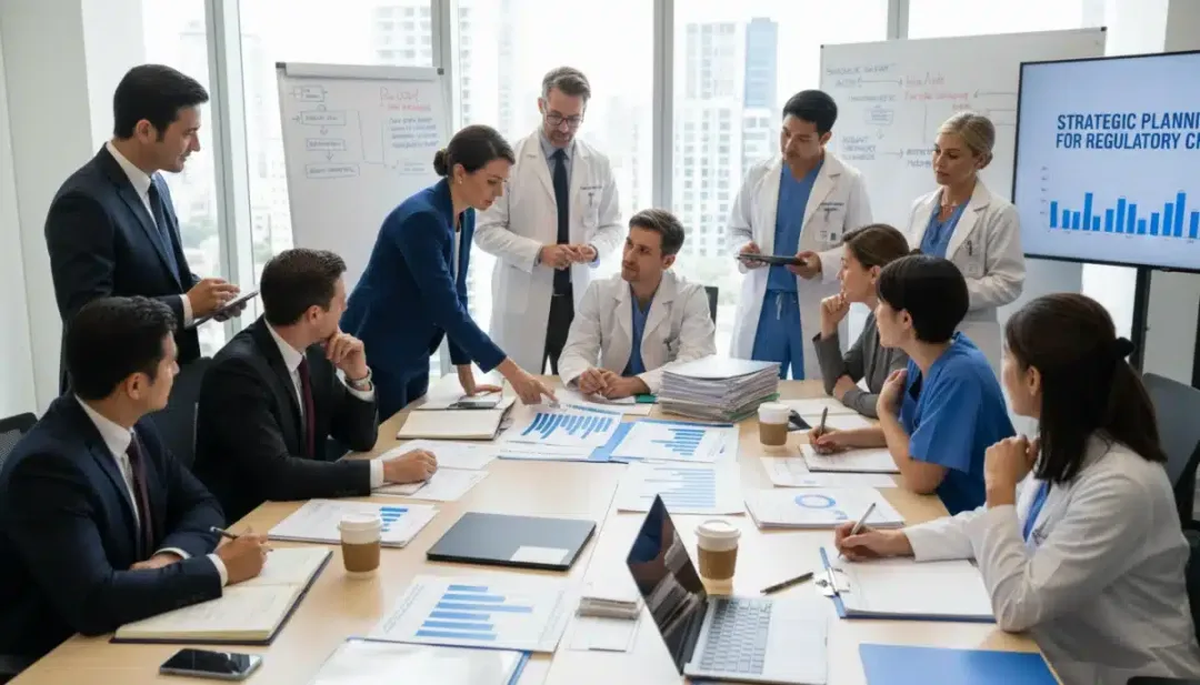 Healthcare professionals discussing 2026 Medicare policy reforms in a meeting