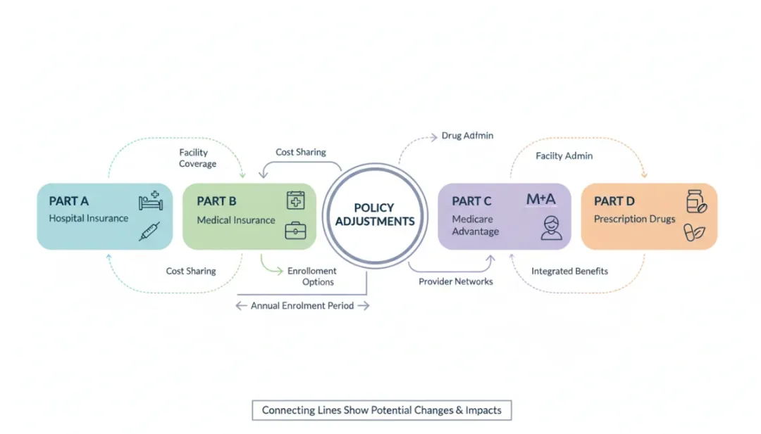 Infographic showing various Medicare parts and proposed 2026 changes