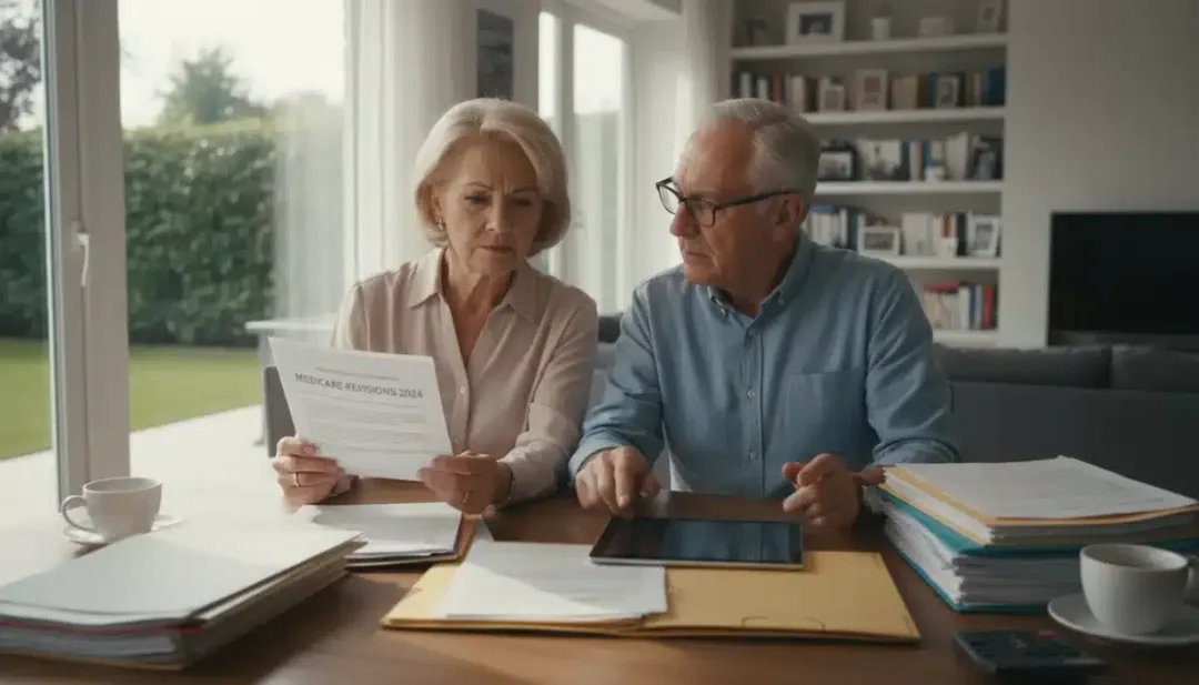 Senior couple reviewing documents regarding 2026 Medicare changes, looking thoughtful