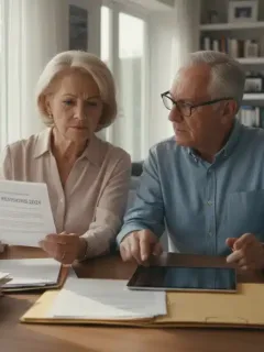 Senior couple reviewing documents regarding 2026 Medicare changes, looking thoughtful